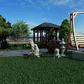 Beautiful Garden Yard Design With Green Grass Wooden Gazebo Swing Bench Stone Statues And Trees