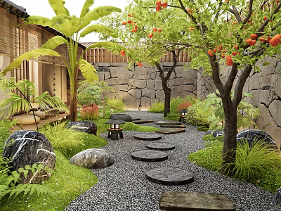 Serene Courtyard Garden With Stone Stepping Paths Lush Greenery Decorative Rocks And Fruit Trees 3d model