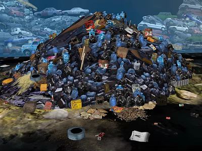 Garbage Dump Site With Blue Trash Bags Tires Cardboard Boxes And Wastes 3d model