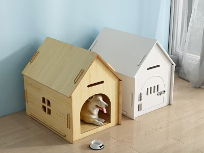 Wooden And White House Shaped Pet House With Dog Inside In Modern Indoor Room 3d model