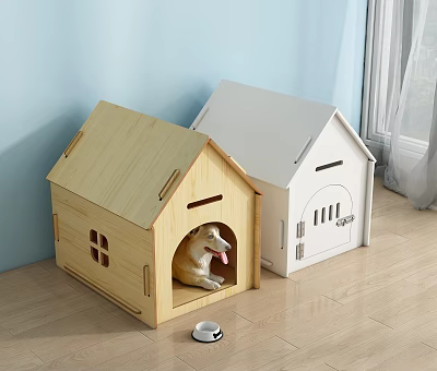 Wooden And White House Shaped Pet House With Dog Inside In Modern Indoor Room 3d model