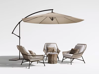 Tree Stump Outdoor Table With Wicker Chairs And Arched Patio Umbrella 3d model