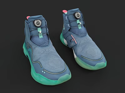 Blue High Top Shoes With Mesh Upper Green Sole Pink Accents And Button Design 3d model