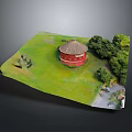 Scenic Red Round Tower with Green Grass Trees and Path Around 3d model