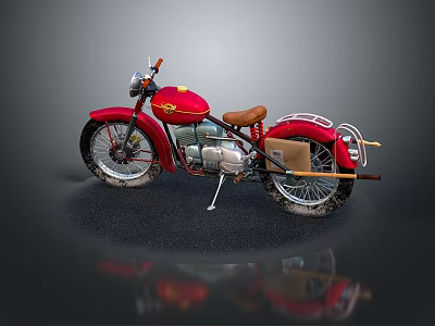 Red Vintage Motorcycle with Brown Seat and Fuel Tank Displayed on Dark Background 3d model