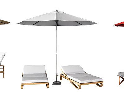 White Outdoor Lounge Chair with Wooden Frame and White Umbrella 3d model