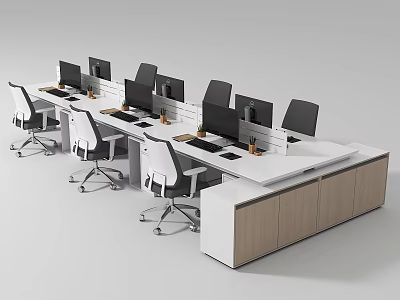 Modern Office Desks with Computer Monitors Ergonomic Chairs and Wooden Cabinets in Open Workspace 3d model