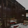 Elegant Restaurant Interior With Wooden Partitions Blue Glass Skylight And Green Plants