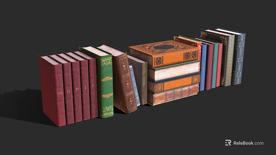Vintage Books Collection With Varied Colors And Decorative Covers Stacked Neatly 3d model 