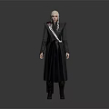 Game Movie Character With Blonde Hair In Long Dark Robe Standing Pose Detailed Costume