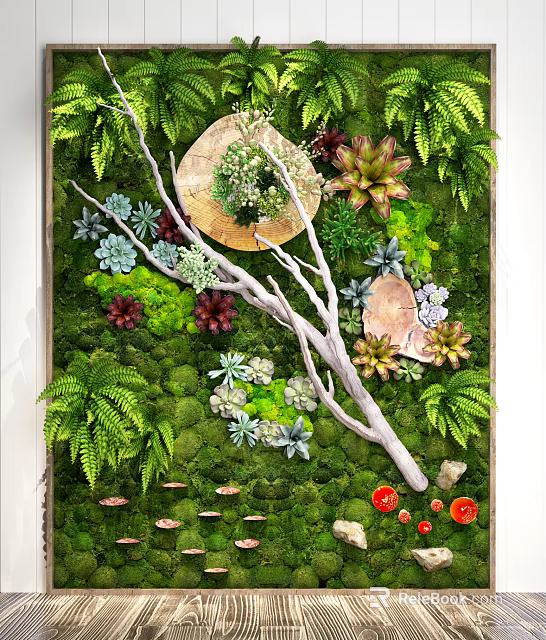 Living Wall Design With Green Moss Ferns Succulents Wooden Branches And Red Accents 3d model 