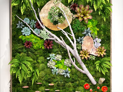 Living Wall Design With Green Moss Ferns Succulents Wooden Branches And Red Accents 3d model
