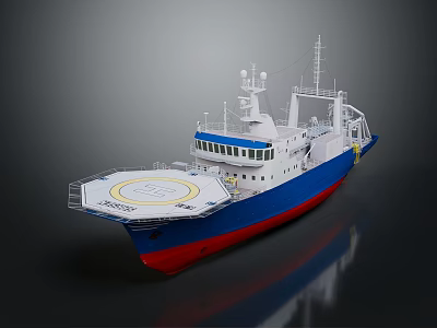 Modern Ocean Ship With Blue Red Hull And Helicopter Landing Pad 3d model