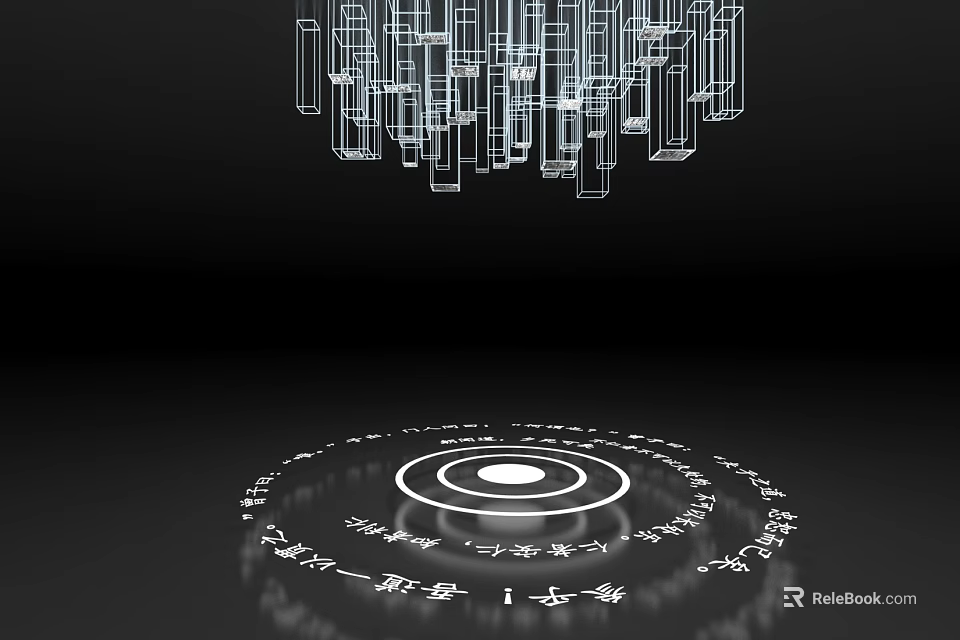 Art Installation Featuring Hanging Geometric Structures And Circular Symbolic Pattern On Black Background 3d model 
