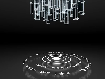 Art Installation Featuring Hanging Geometric Structures And Circular Symbolic Pattern On Black Background 3d model