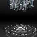 Art Installation Featuring Hanging Geometric Structures And Circular Symbolic Pattern On Black Background 3d model