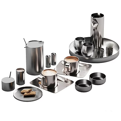 Modern Stainless Steel Coffee Tableware Set With Cups Saucers Milk Jug And Tray 3d model