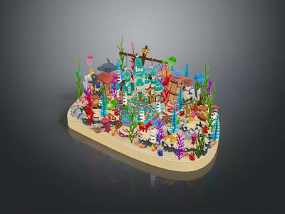 Aquatic Animals in Lego Underwater Scene with Corals Seaweed and Colorful Fish 3d model