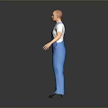 Bald Headed Man in White T shirt and Blue Overalls Standing in Gray Background