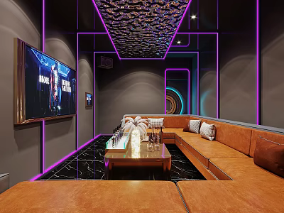 Modern KTV Room Interior With Purple Neon Lights Large TV Screen And Comfortable Sofa 3d model