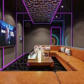Modern KTV Room Interior With Purple Neon Lights Large TV Screen And Comfortable Sofa