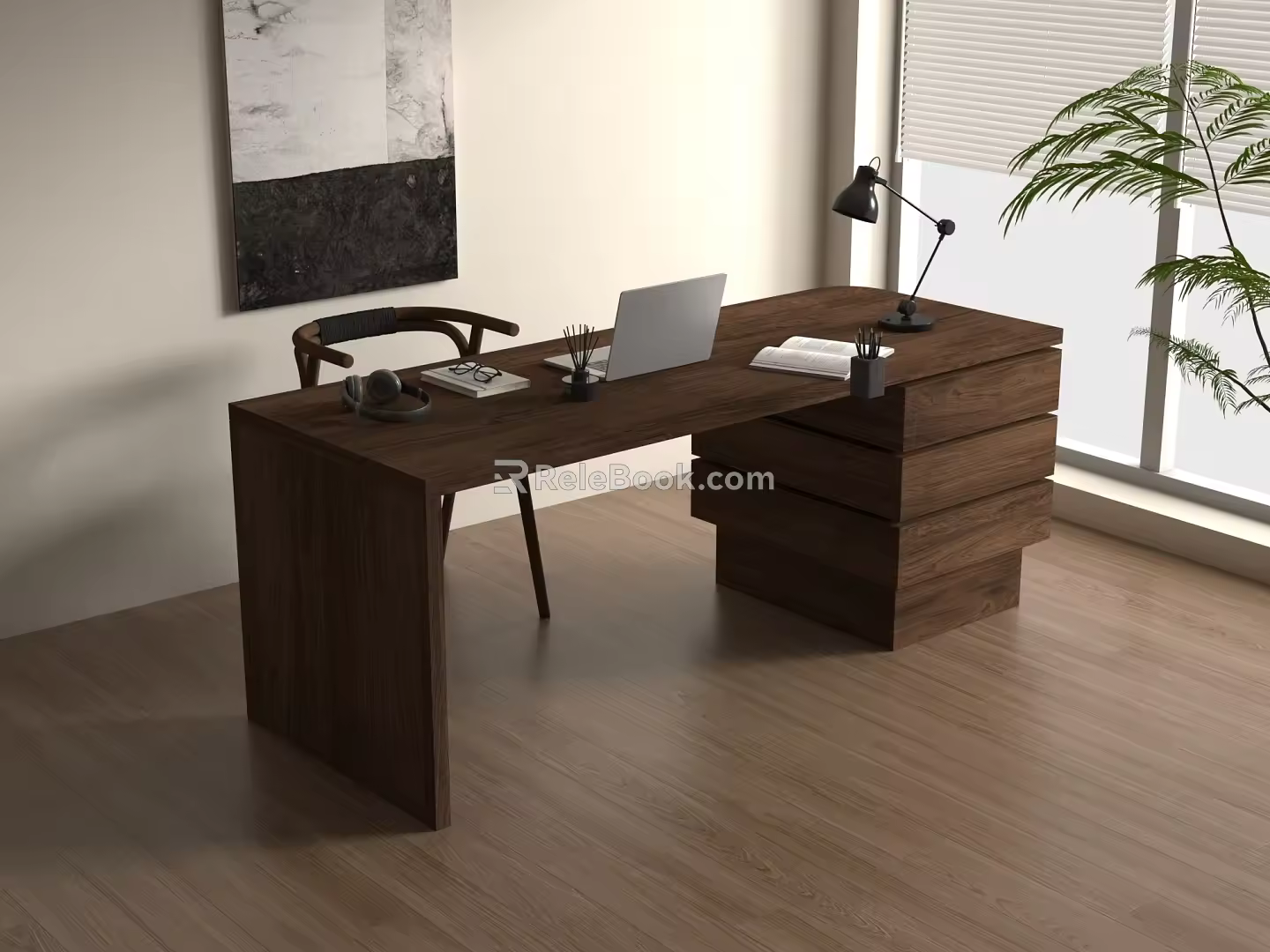 Ancient Books and Chairs Solid Wood Computer Tables and Chairs Office Tables and Chairs Decorative Side Cabinet Computer Decoration Combination Study 3d model