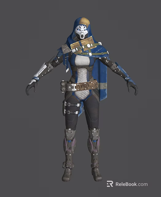 Blue Armored Game Movie Character With Cloak Belt Mechanical Gloves And Leg Armor 3d model 