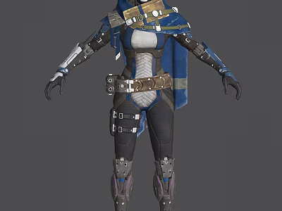 Blue Armored Game Movie Character With Cloak Belt Mechanical Gloves And Leg Armor 3d model