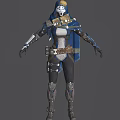 Blue Armored Game Movie Character With Cloak Belt Mechanical Gloves And Leg Armor
