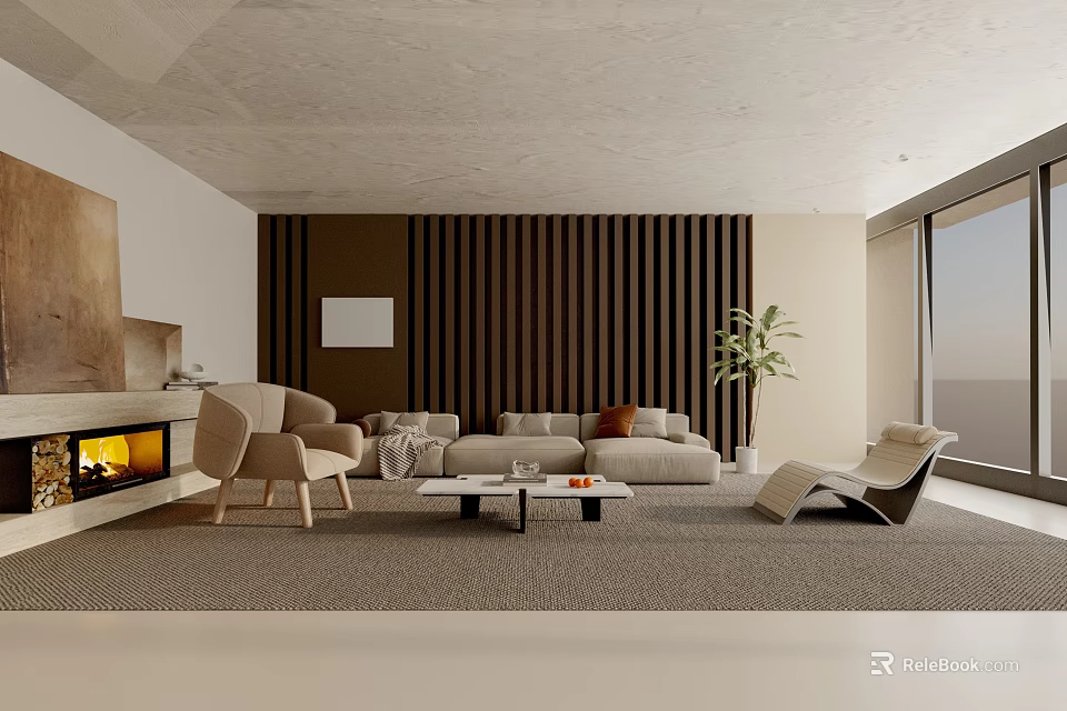 Modern Living Room Interior With Beige Sofa Accent Chairs Fireplace And Wooden Slat Wall 3d model 