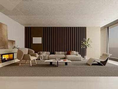 Modern Living Room Interior With Beige Sofa Accent Chairs Fireplace And Wooden Slat Wall 3d model