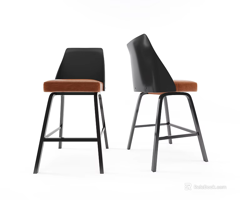 Modern Black and Brown Bar Stools with Upholstered Seats and Metal Legs 3d model 
