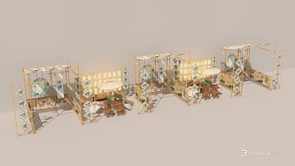 Booth Style Photo Spot with Bamboo Frames White Round Tables and Green Plant Decorations 3d model 