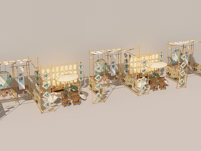 Booth Style Photo Spot with Bamboo Frames White Round Tables and Green Plant Decorations 3d model