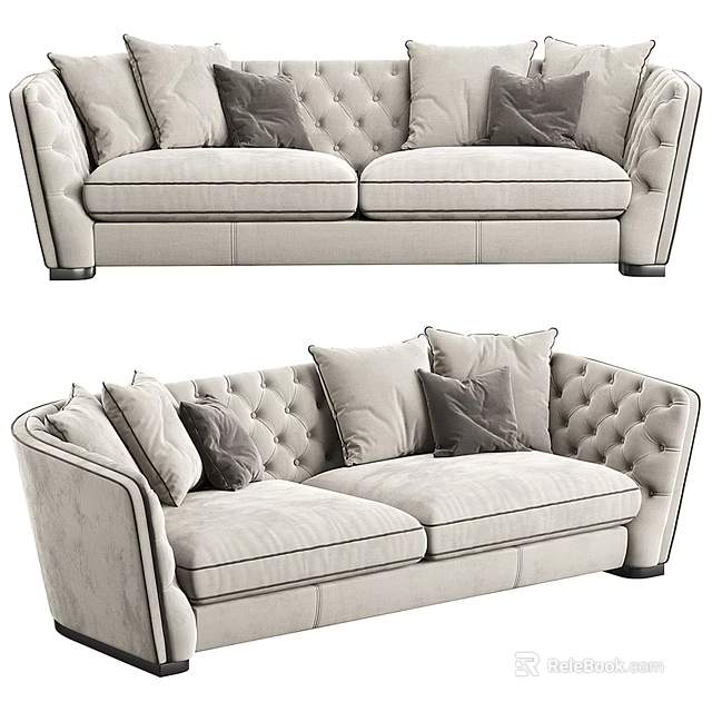 Modern Two Seater Sofa Design With Beige Velvet Upholstery Tufted Backrest And Pillows 3d model 