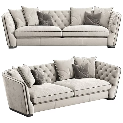 Modern Two Seater Sofa Design With Beige Velvet Upholstery Tufted Backrest And Pillows 3d model