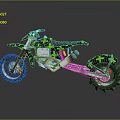 Green And Black Camo Off Road Motorcycle With Knobby Tires And Exposed Mechanics
