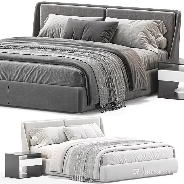 Modern Gray And White Upholstered Double Beds With Bedside Tables And Pillows 3d model 