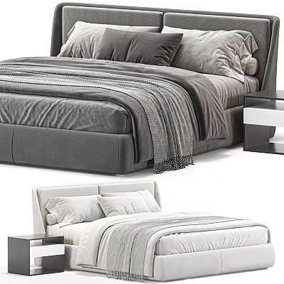 Modern Gray And White Upholstered Double Beds With Bedside Tables And Pillows 3d model