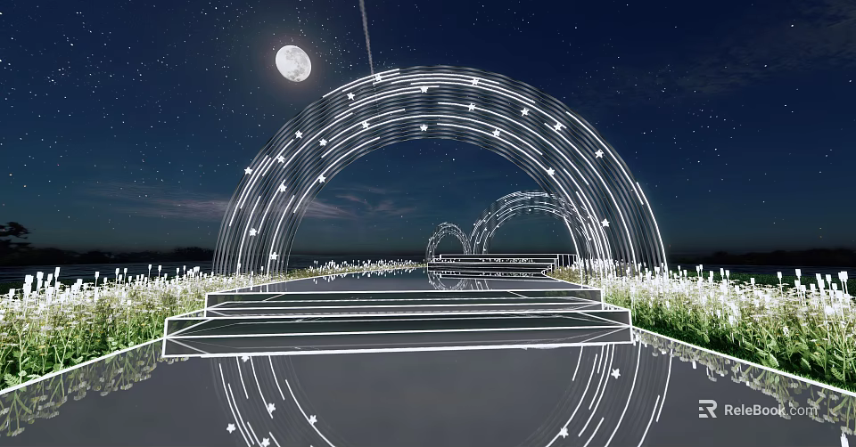 Illuminated Arch Structures in Night Garden Landscape with Moonlit Sky Water Reflection Steps and White Flowers 3d model 