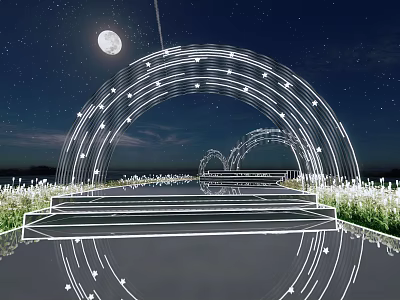 Illuminated Arch Structures in Night Garden Landscape with Moonlit Sky Water Reflection Steps and White Flowers 3d model