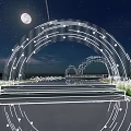 Illuminated Arch Structures in Night Garden Landscape with Moonlit Sky Water Reflection Steps and White Flowers