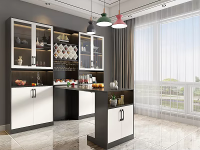 Modern Black And White Wine Cabinet With Glass Doors And Decorative Bottles In Living Room 3d model