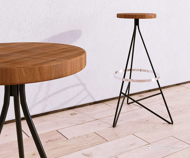 Modern Interior With Black Metal Frame Bar Stool Round Wooden Table And Wooden Floor 3d model 