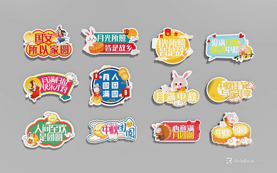 Festive Mid Autumn Festival Themed Stickers Featuring Moon Rabbit Mooncake and Reunion Messages 3d model 