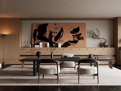 Minimalist Tea Room Interior With Long Wooden Table Chairs Decorative Painting Green Plant And Cabinets 3d model