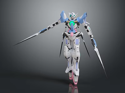 White and Blue Mecha Character With Green Core Long Blades and Mechanical Armor Design 3d model