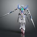 White and Blue Mecha Character With Green Core Long Blades and Mechanical Armor Design