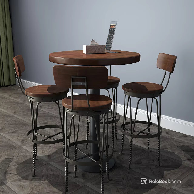Modern Round Dining Table Set With Wooden Tabletop And Four Metal Bar Stools 3d model 
