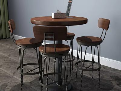 Modern Round Dining Table Set With Wooden Tabletop And Four Metal Bar Stools 3d model
